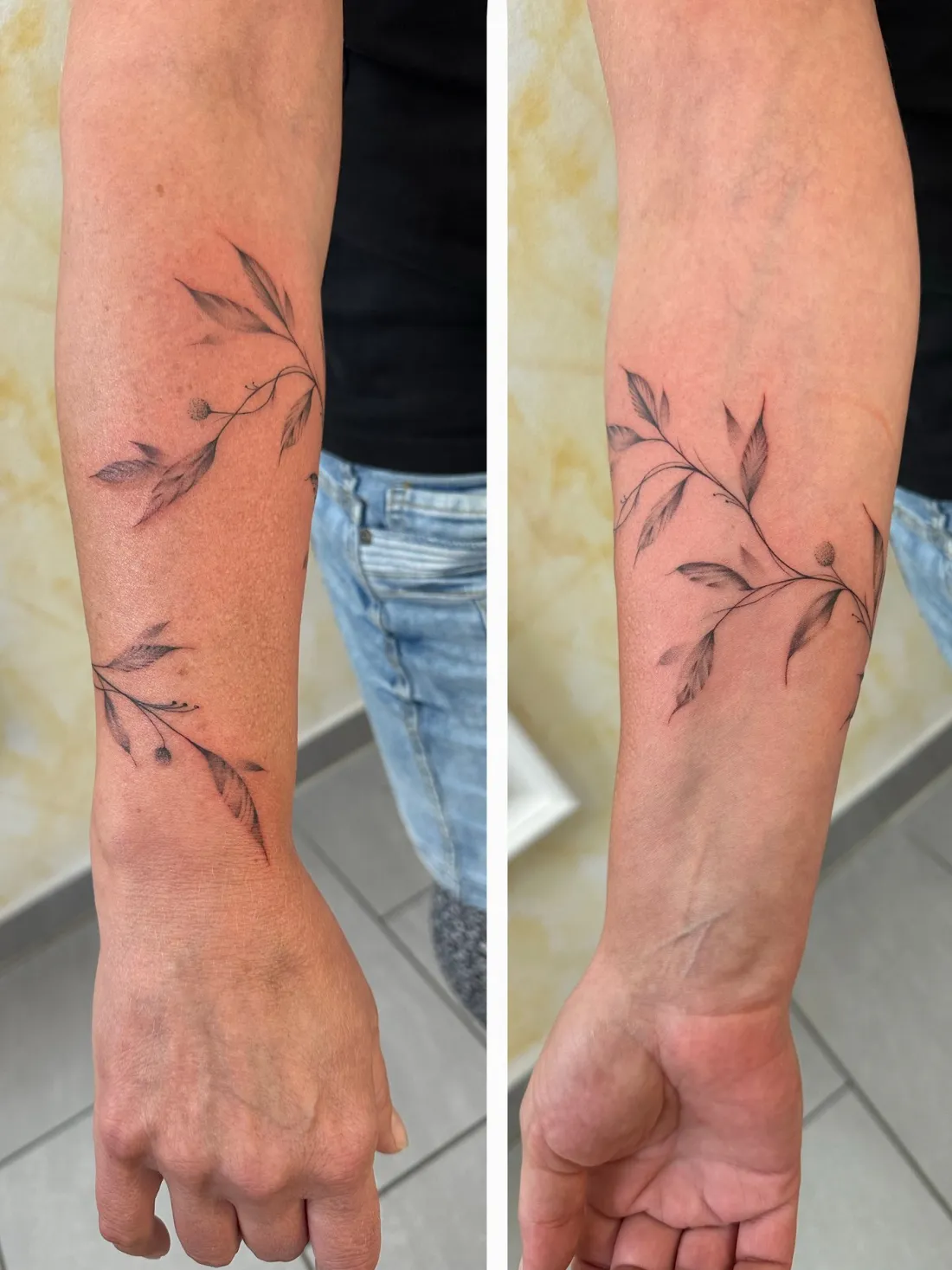 Blaetterranken auf beiden Unterarmen — Fine Line Tattoo von Marko